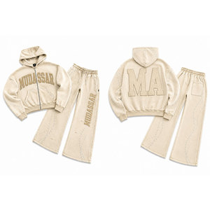 Men Hooded Tracksuit <b>Set</b> 100% Cotton Acid Washed Embossed 450 Gsm Loose Fit Rhinestone Cropped <b>Joggers</b> Casual Wear - Product Image 4