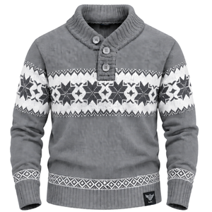 Suéter de punto Fair Isle gris para hombre, manga larga, cuello con botones, patrón a cuadros, jersey con puños acanalados 12GG, informal, venta al por mayor, invierno - Product Image 1