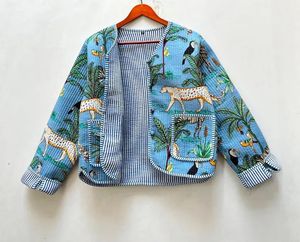 Block Printed Quilted Eco-Friendly Reversible Winter Bomber <b>Jacket</b> Floral Print Handmade Cotton Coat - Product Image 6