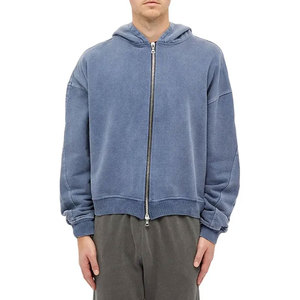 Sweat-shirt unisexe bleu à capuche zippé en molleton 100 % coton écologique, tricoté, décontracté, hiver, 400g, coupe classique, poche avant, imprimé - Product Image 2