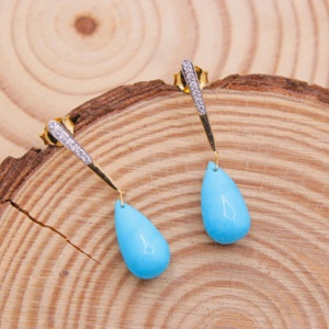 Boucles d'oreilles pendantes en or massif 18 carats avec turquoise naturelle en forme de larme |   Bijou fin avec accent diamanté, cadeau pour femme - Product Image 2
