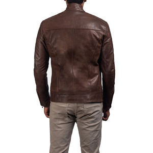 Chaqueta de Invierno Impermeable de Cuero Genuino Marrón Vintage para Hombre, Estilo Motero con Cuello Mandarín y Cremallera, Fabricación OEM - Product Image 2