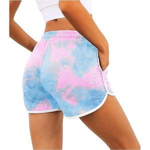 Shorts de sport décontractés pour femme, tie-dye, avec cordon de serrage à la taille, poches, en coton peigné 100%, séchage rapide, respirant, taille mi-haute - Product Image 2