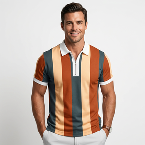 เสื้อโปโลแขนสั้นลายทางผู้ชาย มีซิป ดีไซน์ทอผ้าแบบลำลองสีตัดกัน - Product Image 6