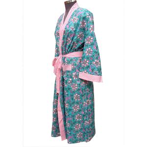 Robe kimono longue en coton 100% pour femme indienne, col en V, ouverte sur le devant, rayures roses, poche avec ceinture de fermeture, tenue décontractée d'été - Product Image 2