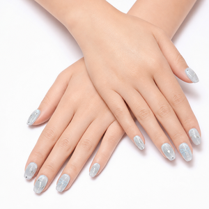 Vernis à ongles acrylique long, de forme ovale et amande, avec un subtil reflet bleu, émanant un style intellectuel, effet poussière de lune pour les doigts. - Product Image 4