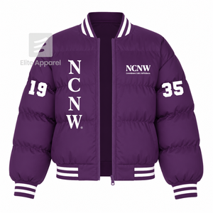 Custom NCNW Council Puffer <b>jacket</b> embroidered logo on front purple and <b>white</b> color full sleeve <b>jacket</b> <b>for</b> female - Product Image 1