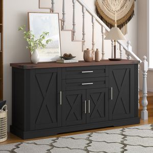 Mobiletto da Cucina Stile Fattoria con Ante Scorrevoli da 160 cm, 2 Cassetti, Grande Credenza, Tavolo Bar Caffè, Ripiani Regolabili - Product Image 6