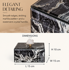 Black Marble Glass Jewelry Storage Box with Crystal Stone Knob Glossy Finish Soft Lining Decorative Keepsake Organizer - Product Image 3