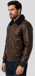 <b>Men's</b> Genuine Leather Bomber <b>Jacket</b> <b>Shearling</b> Collar Brown Winter Aviator Premium Outerwear Wholesale Windproof Heated - Product Image 2