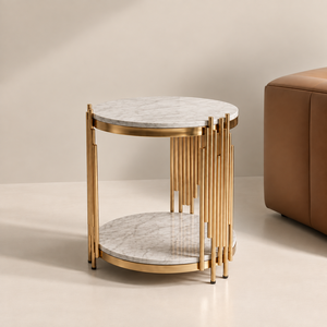 <b>Round</b> <b>Marble</b> <b>Coffee</b> <b>Table</b> with Gold Metal Frame Lower Shelf Midcentury Modern Decorative Storage Living Room Luxury Furniture - Product Image 1