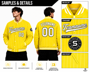 เสื้อแจ็คเก็ตวาร์ซิตี้ลายทางสีเหลืองสำหรับผู้ชาย SINEWY SPORTS ออกแบบป้ายชื่อและหมายเลขได้ตามต้องการ สไตล์สปอร์ต เหมาะสำหรับใส่ในฤดูใบไม้ร่วง - Product Image 6
