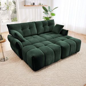 Accogliente divano a 2 posti con 2 pouf e cuscini in peluche verde tessuto di ciniglia per soggiorno appartamento o dormitorio - Product Image 1