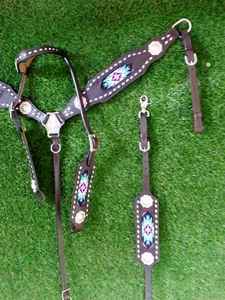 Bride Western fantaisie en cuir de vachette véritable outillage à la main en cuir serre-tête et collier de poitrine ensemble - Product Image 2