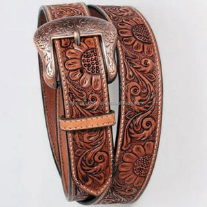 <b>Men's</b> Hand Carved Leaf Engraved Vegetable Tanned Western <b>Leather</b> Tooling <b>Belt</b> with Removeable Copper Floral Pin Buckle All Sizes - Product Image 3