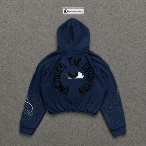 Sweat-shirt décontracté bleu marine à fermeture éclair, manches régulières, coupe oversize, design streetwear, logo imprimé sur le devant, en molleton bouclette, coton urbain brodé - Product Image 6
