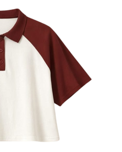 Custom <b>Maroon</b> And White Women Cropped Polo T Shirt Raglan Sleeve Casual Cotton <b>Top</b> Button Placket Summer Fashion Streetwear Tee - Product Image 2