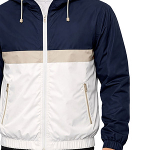 Blouson de course unisexe bleu marine et blanc à blocs de couleur, à capuche, avec fermeture éclair, décontracté, sportif, imperméable, respirant, léger, pour l'été - Product Image 3