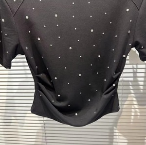 <b>Rhinestone</b> Dot Pattern Woven Denim Regular Fit Casual O-Neck Summer T-Shirts Women's Black Short Sleeve <b>Crop</b> <b>Top</b> T Shirts - Product Image 2