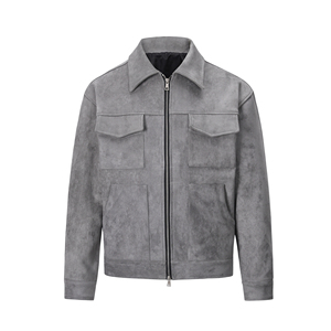 Chaqueta informal estilo workwear para hombre, color canela, de imitación de gamuza, con cremallera, cuello vuelto y cuatro bolsillos. - Product Image 3
