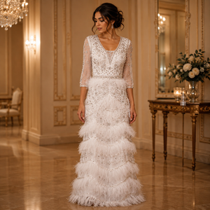 Women White Feather Beaded Maxi Gown <b>Sequin</b> Embellished V Neck Long Sleeve Tiered Evening Dress Luxury Wedding Party Formal - Product Image 3