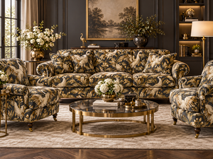 Tissu de rembourrage en brocart jacquard floral noir et or pour canapé et chaise - Product Image 1