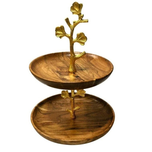 Modern Gold Tone Leaves Design 2 Tier Acacia Wood Cake Stand Luxury Handcrafted Wooden Dessert Serving Tray For Home & Hotel - Product Image 4