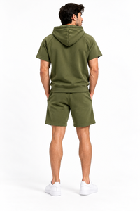 <b>Men's</b> Solid Olive Green Cotton <b>Short</b> Sleeve <b>Hoodie</b> <b>and</b> <b>Shorts</b> <b>Set</b> Custom Casual Tracksuit - Product Image 5