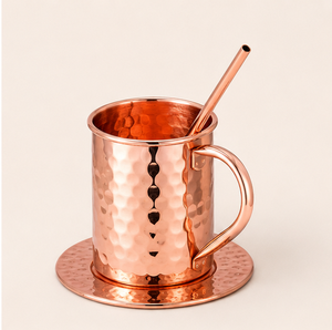 Handcrafted Pure Copper Moscow Mule Mugs Hammered Finish Solid Copper Cup Set with Straws & Coasters <b>Drinkware</b> for Cocktails - Product Image 5