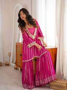 <b>Pink</b> Gold Zari Mirror Work Floor-Length Regular Fit Sharara Set with Fancy <b>Lace</b> <b>Top</b> for Indian Wedding Party Wear - Product Image 2