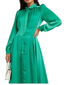 Tinh vi nhìn Ngọc Lục Bảo màu xanh lá cây <span class=keywords><strong>Midi</strong></span> Đầm với dài tay áo phồng và nút xuống phía trước cho buổi tối bên mặc - Product Image 3