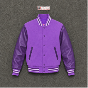 Veste universitaire classique violette pour homme, col rayé, manches en cuir, couleur unie, décontractée, col rabattu, boutonnée sur le devant - Product Image 5