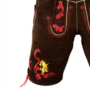 Shorts bavarois en cuir marron pour homme avec broderie rouge et jaune, taille haute, style décontracté, broderie à la main, style bermuda en laine - Product Image 6