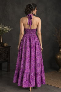 Robe de bain longue licou pour femme, imprimé cachemire violet, une pièce, jupe froncée à volants, pour la plage et le bord de piscine, en tissu tissé extensible en mousseline - Product Image 4