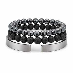 Golden Tiger Eye 8mm Three-Piece Stacking Bracelet Set for Men Cute Style with Hematite Beads and Steel <b>Spacer</b> Band - Product Image 5