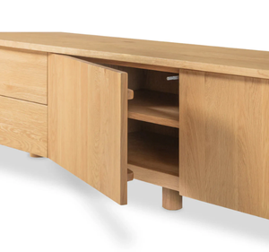 Meuble TV minimaliste en teck avec tiroir et porte coulissante, console multimédia moderne en bois, unité de divertissement pour salon - Product Image 3