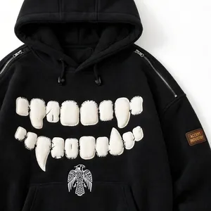Sweat à capuche personnalisé en polaire 500 GSM avec applique 3D en forme de dents, coupe ample, style streetwear, fermeture éclair, épaules brodées, motif faucon - Product Image 5