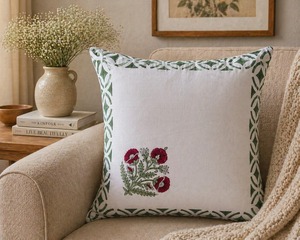 Hand Block Printed Red Floral Cotton Cushion Cover with Green Border Decorative <b>Sofa</b> <b>Pillow</b> Cover for Home Decor - Product Image 5