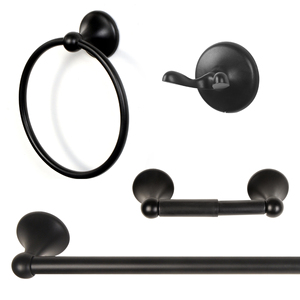 Ensemble de quincaillerie de salle de bain 4 pièces noir mat avec barre porte-serviettes, anneau et crochet, design minimaliste en alliage de zinc à fixation murale - Product Image 1