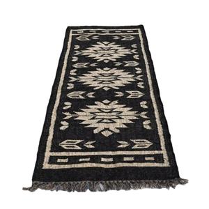 Tapis Kilim en laine et jute tissé à la main, écologique, antidérapant, noir ivoire, géométrique, tissage plat, pour salon, couloir - Product Image 1