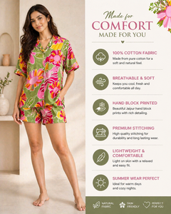 Conjunto de Pijama de Algodón con Estampado Artesanal para Mujer - Conjunto de Shorts de Verano con Estampado Floral - Ropa de Dormir Transpirable en Verde - Product Image 3
