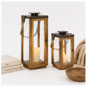 Handcrafted Rustic Wooden <b>Lantern</b> with Jute Rope Handle & Matte Black Metal Top <b>Large</b> Decorative Candle Holder for Home Decor - Product Image 4