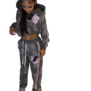 Women's Slim Fit Distress Embroidery Patch ACID WASH Flare Sweat Suit Breathable Knitted Two <b>Pullers</b> Wholesale for Winter - Product Image 1