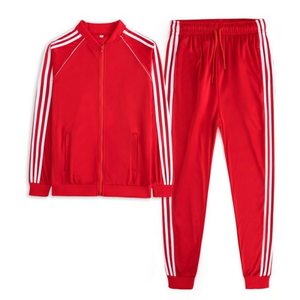 Ensemble de survêtement rouge à fermeture éclair intégrale, col montant, poches latérales, style sportif, vêtement d'automne, unisexe, adulte, coupe classique - Product Image 1