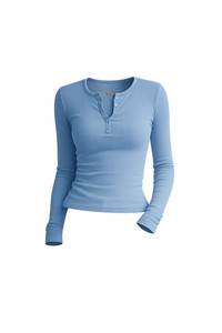 Women 100% Cotton Ribbed Long Sleeve Henley <b>Top</b> Thermal Pullover Soft Knit Casual <b>Layering</b> Tee Front Logo - Product Image 3