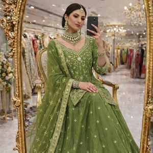 Luxury Olive Green Silk Pakistani <b>Kurta</b> Lehenga Set Dress <b>Women</b> Heavy Embroidered Party Wear Suit Designer Indian - Product Image 1