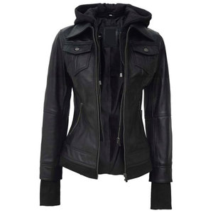 Women's Black Leather Bomber <b>Jacket</b> with Removable Hoodie - Real Lambskin Slim Fit Biker <b>Jacket</b> with Thumbhole Cuffs - Product Image 6