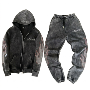 Custom Embroidery Breathable <b>Knitted</b> Winter Men's Fleece Zip-Up Hoodie Sweatpants Streetwear <b>Set</b> - Product Image 2