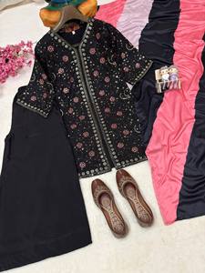 Black Embroidered French Crap Indian Pakistani Set Long Sleeve <b>Kurta</b> Palazzo Dupatta Woven Formal Quick Dry Wear <b>for</b> <b>Women</b> - Product Image 3