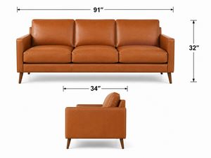 Modern Genuine Leather Three Seat <b>Sofa</b> With Wood Legs Tight Back Straight Arms Midcentury Living Room Furniture Leather <b>Sofa</b> - Product Image 2